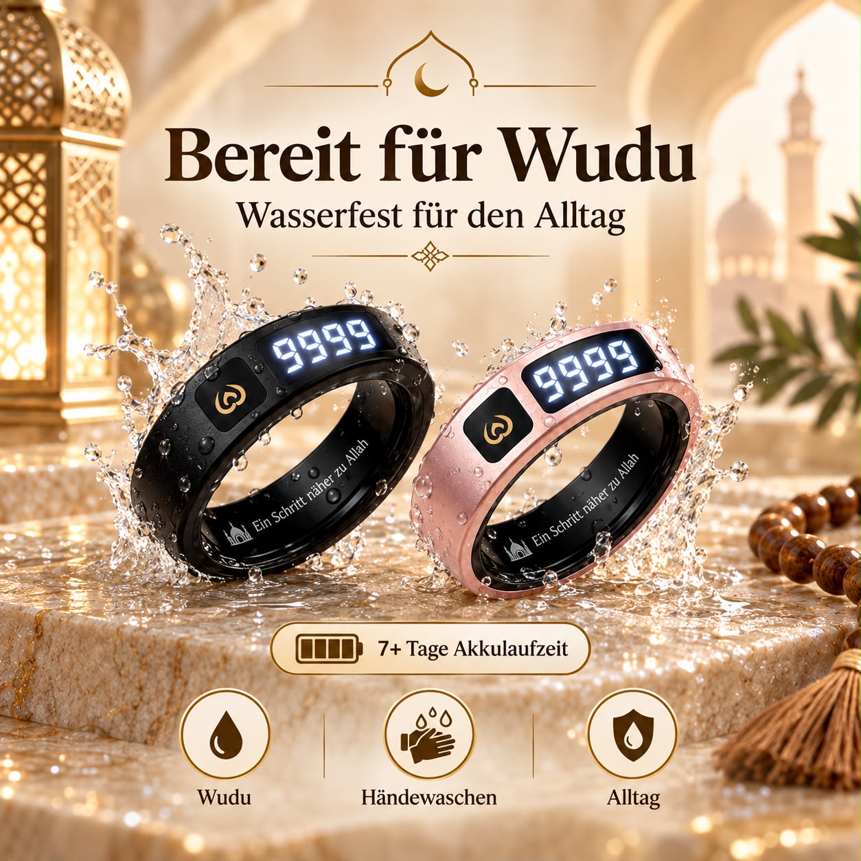 Noor Tasbih Ring ist wasserfest: bereit für Wudu, Händewaschen und den Alltag