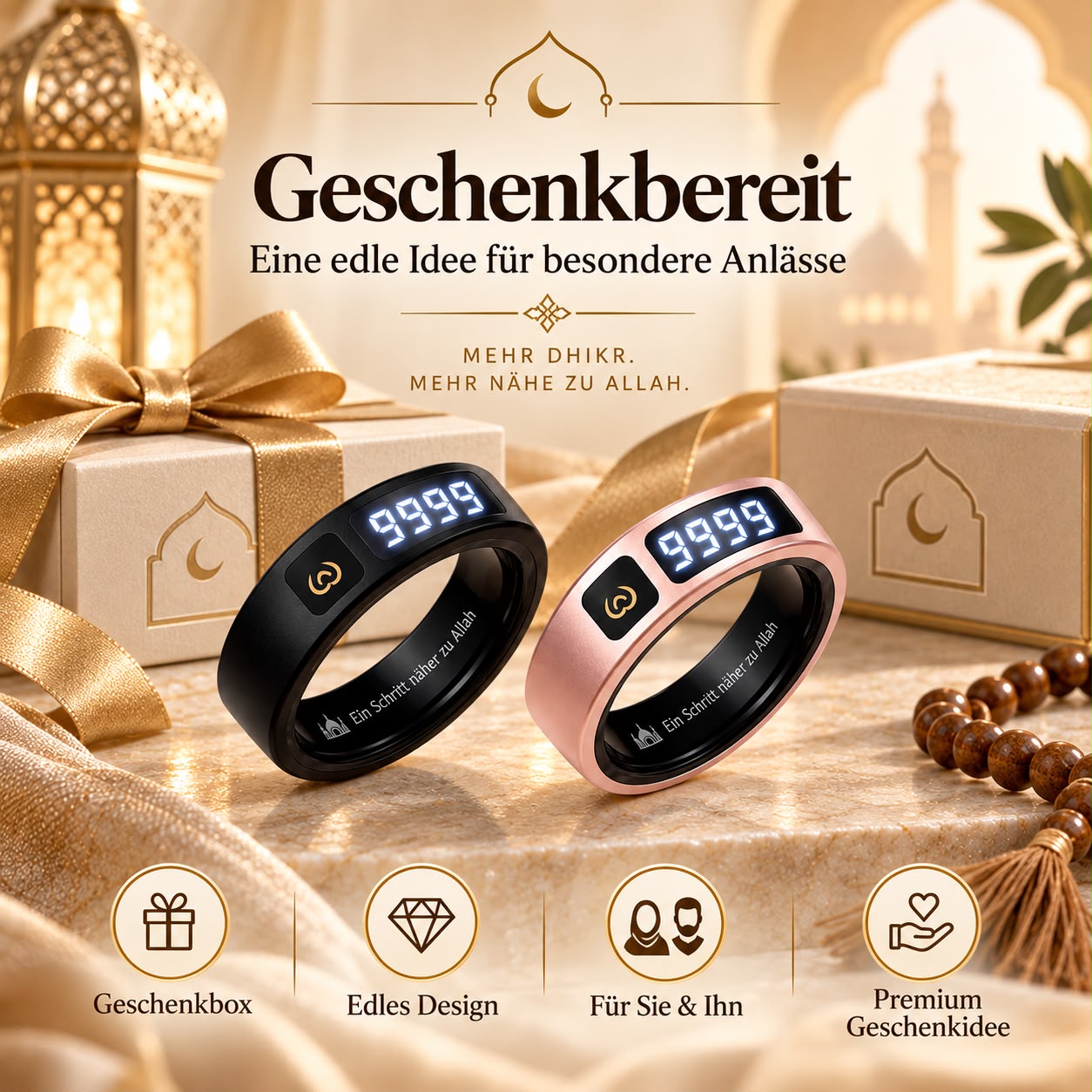 Noor Tasbih Ring in der Premium-Geschenkbox mit Schleife