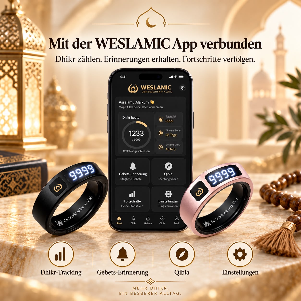WESLAMIC App: Dhikr-Tracking, Gebets-Erinnerung, Qibla, Einstellungen